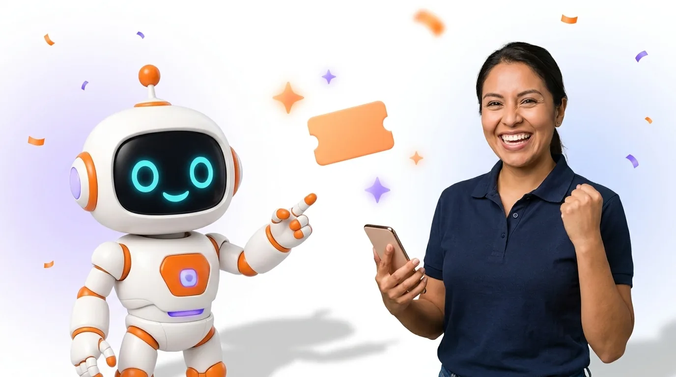 Friendly AI robot pointing at a happy business owner celebrating her 14-day free trial