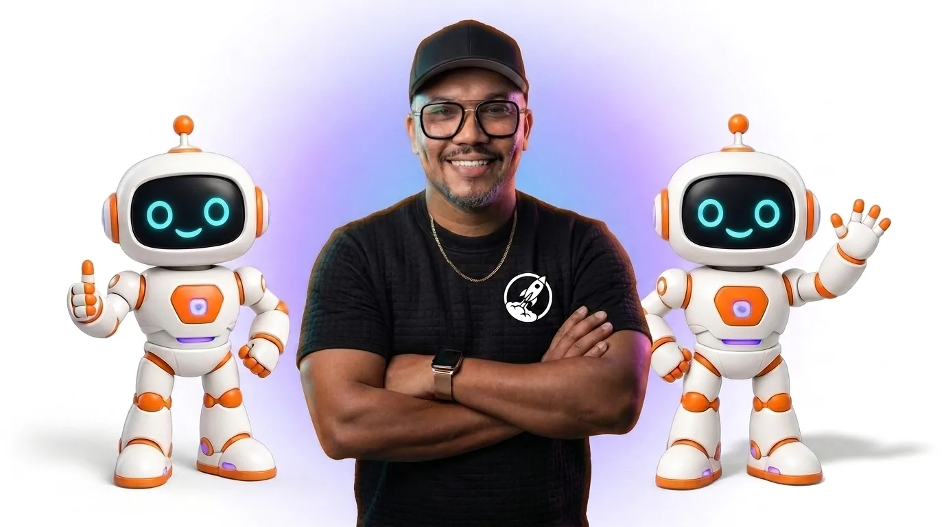 David Medina, founder of I Launch U, with arms crossed next to two friendly AI robots