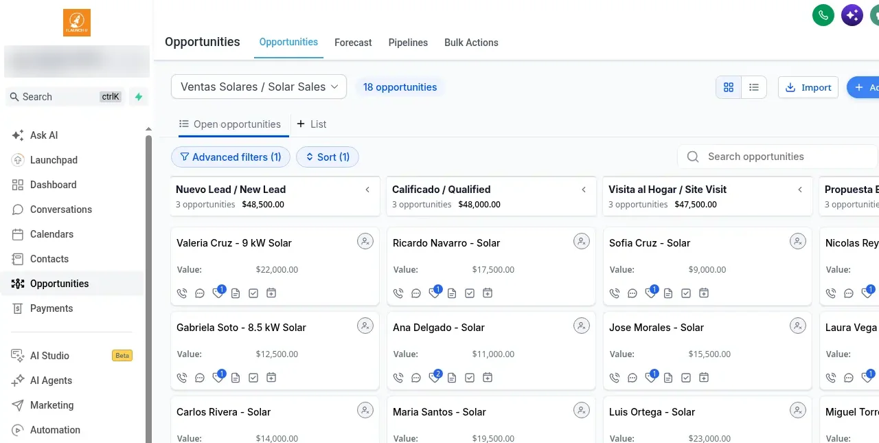 Pipeline board with sample solar sales opportunities in the New Lead, Qualified and Site Visit stages