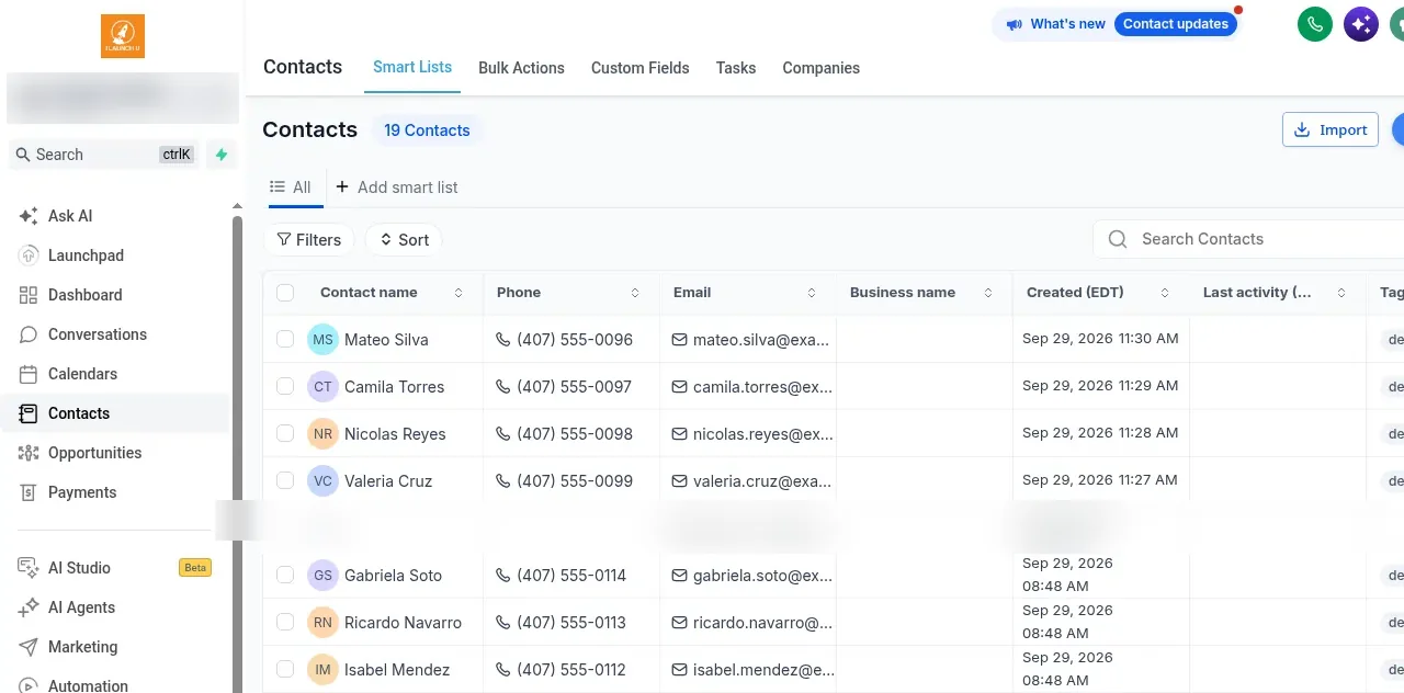 Contacts list showing sample contacts with phone, email and created date