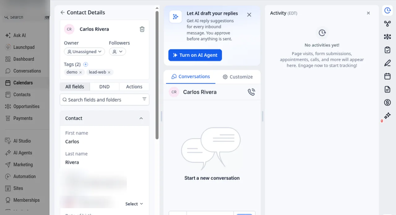 Contact record for a sample contact with owner, tags, contact fields and a conversation panel