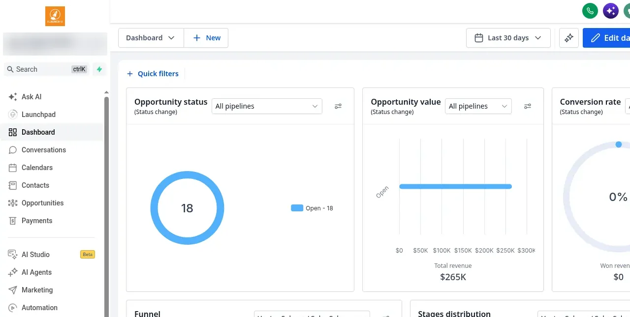 Dashboard with opportunity status, opportunity value and conversion rate widgets for sample data