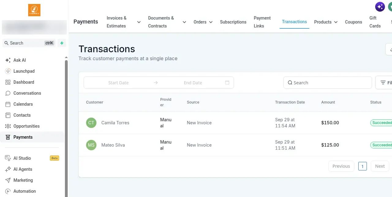 Payments transactions list with two sample customer payments marked Succeeded