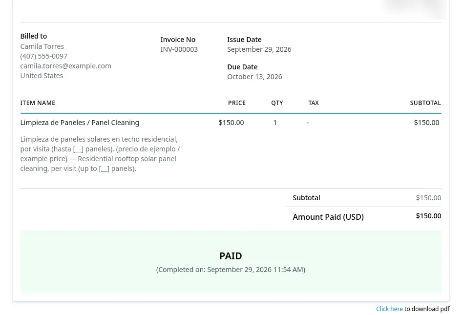 Sample invoice for a solar panel cleaning service marked Paid