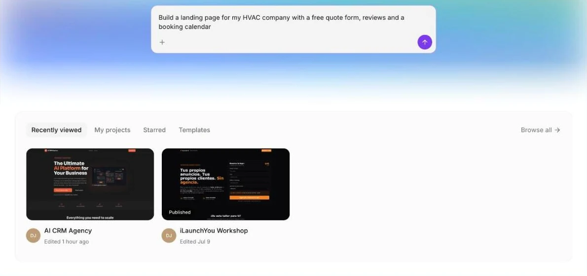 Pantalla de AI Studio con una instrucción para crear una landing page de HVAC, junto a dos páginas ya creadas con IA